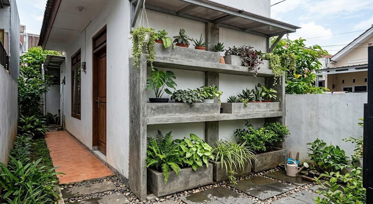 9 Desain Rak Tanaman Permanen dari Beton di Sisi Rumah, Solusi Lahan Sempit