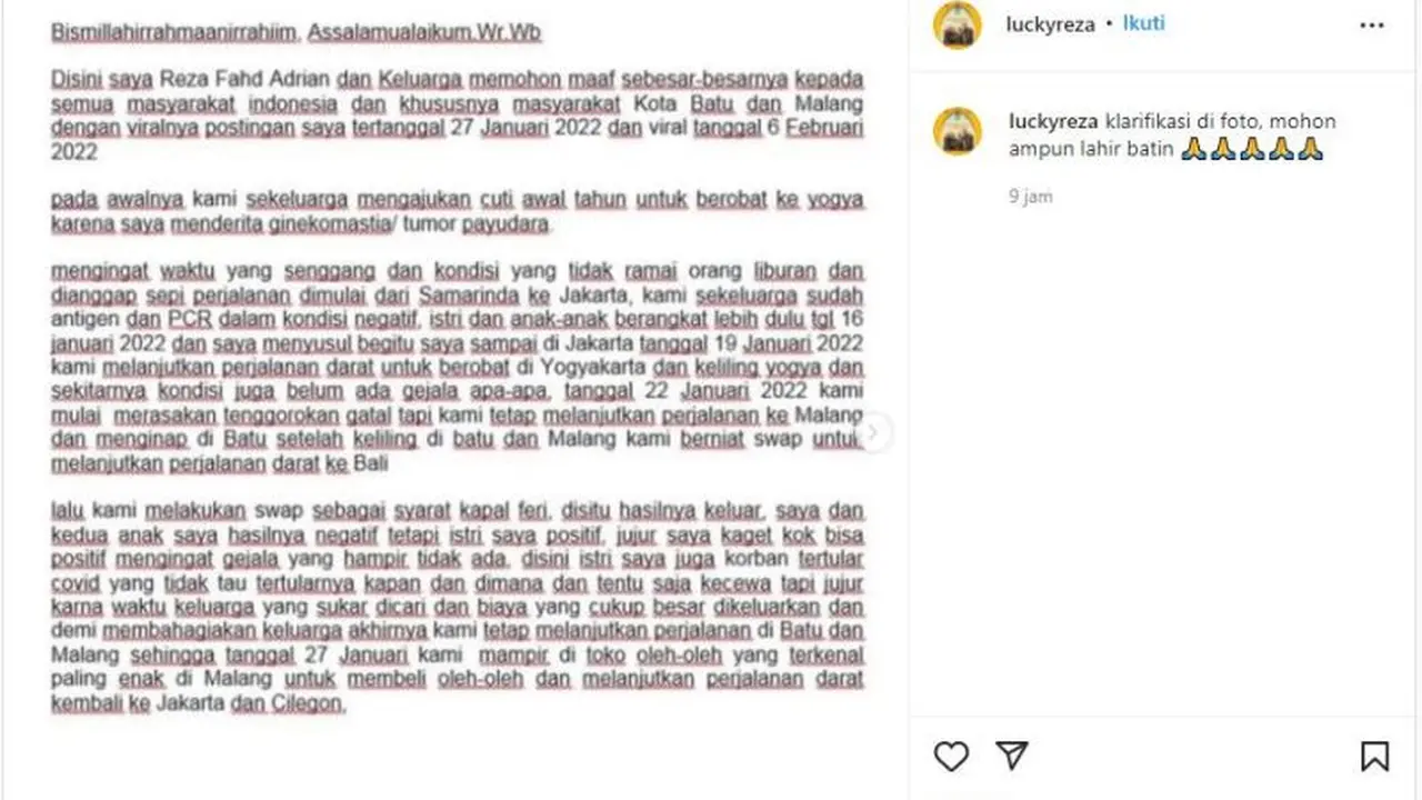 Reza Fahd Adrian yang Liburan di Malang Meski Terpapar Covid-19 Akhirnya Minta Maaf
