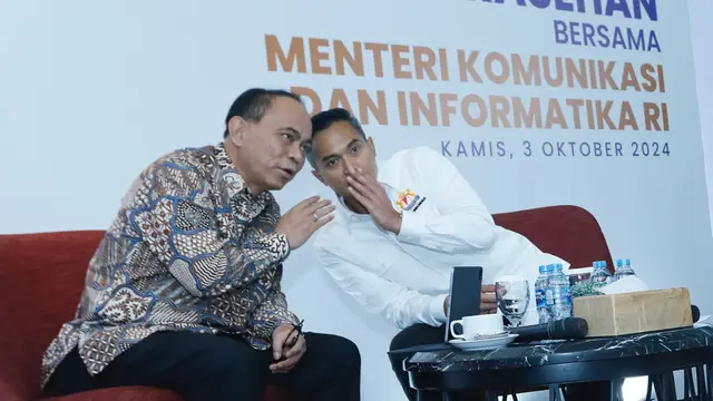 Ketua Umum Kadin Indonesia Anindya Bakrie melakukan Sarasehan dengan Menteri Komunikasi dan Informatika (Menkominfo) Budi Arie Setiadi, di Menara Kadin, Jakarta, Kamis (3/10/2024).