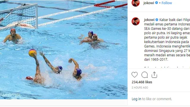 Presiden Jokowi mengucapkan selamat kepada tim polo air putra melalui akun instagramnya.