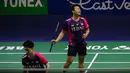 Ganda putra unggulan pertama, Marcus Fernaldi Gideon/Kevin Sanjaya Sukamuljo kalah dari ganda racikan baru Korea Selatan yang mulai menebar ancaman, Kang Min Hyuk/Seo Seung Jae dalam dua game langsung, 14-21, 12-21. (Bola.com/Bagaskara Lazuardi)