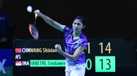 Tunggal putri Indonesia Linda Wenifanetri gagal lolos ke perempat final Jerman Terbuka 2016 usai dikalahkan unggulan empat asal Tiongkok, Wang Shixian, Kamis (3/3/2016). (Liputan6.com/Humas PP PBSI)