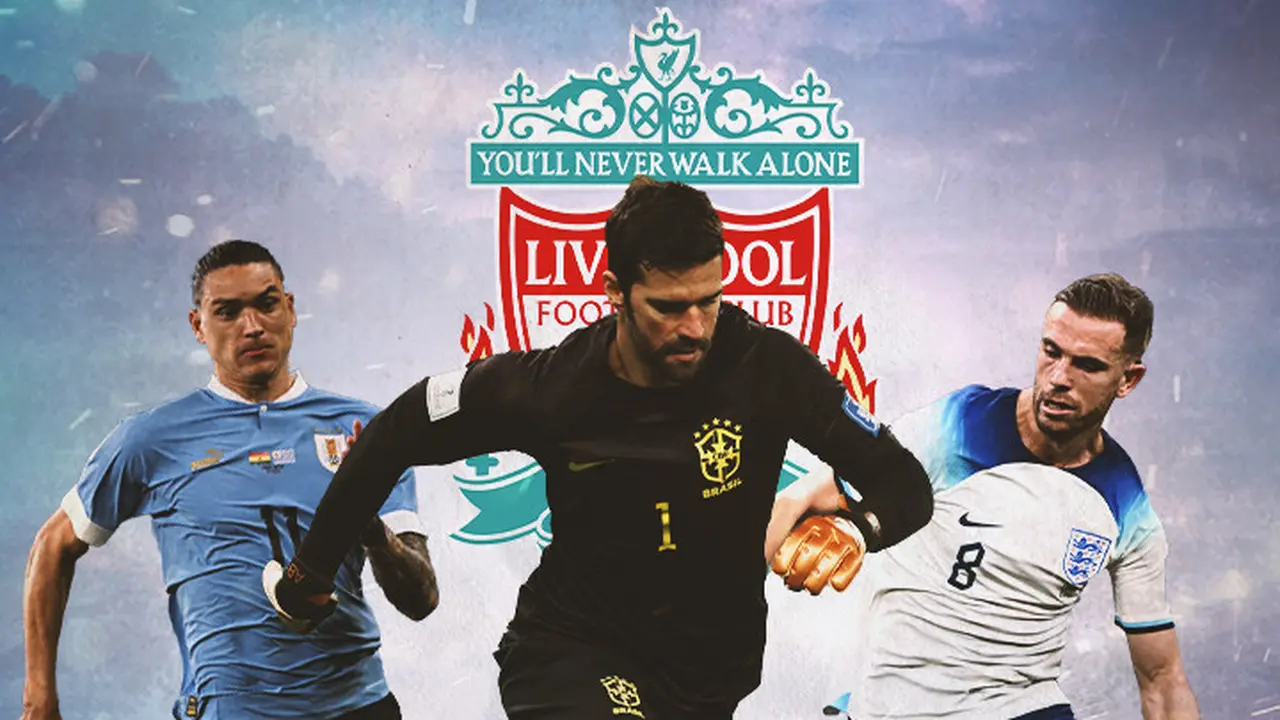 Ilustrasi - Darwin Nunez, Alisson Becker, Jordan Henderson dengan Logo Liverpool