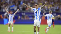 Pemain Argentina, Angel Di Maria merayakan gol kemenangan ke gawang Kolombia pada laga final Copa America 2024 di Hard Rock Stadium, Miami, Florida, Senin (15/07/2024) WIB. (AFP/Buda Mendes)