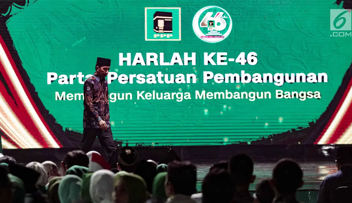 Presiden Joko WIdodo bersiap memberikan sambutan ketika menghadiri Harlah ke-46 PPP di kawasan Ancol, Jakarta, Kamis (28/2). harlah ke-46 PPP mengusung tema ‘Membangun Keluarga Membangun Bangsa’. (Liputan6.com/Faizal Fanani)