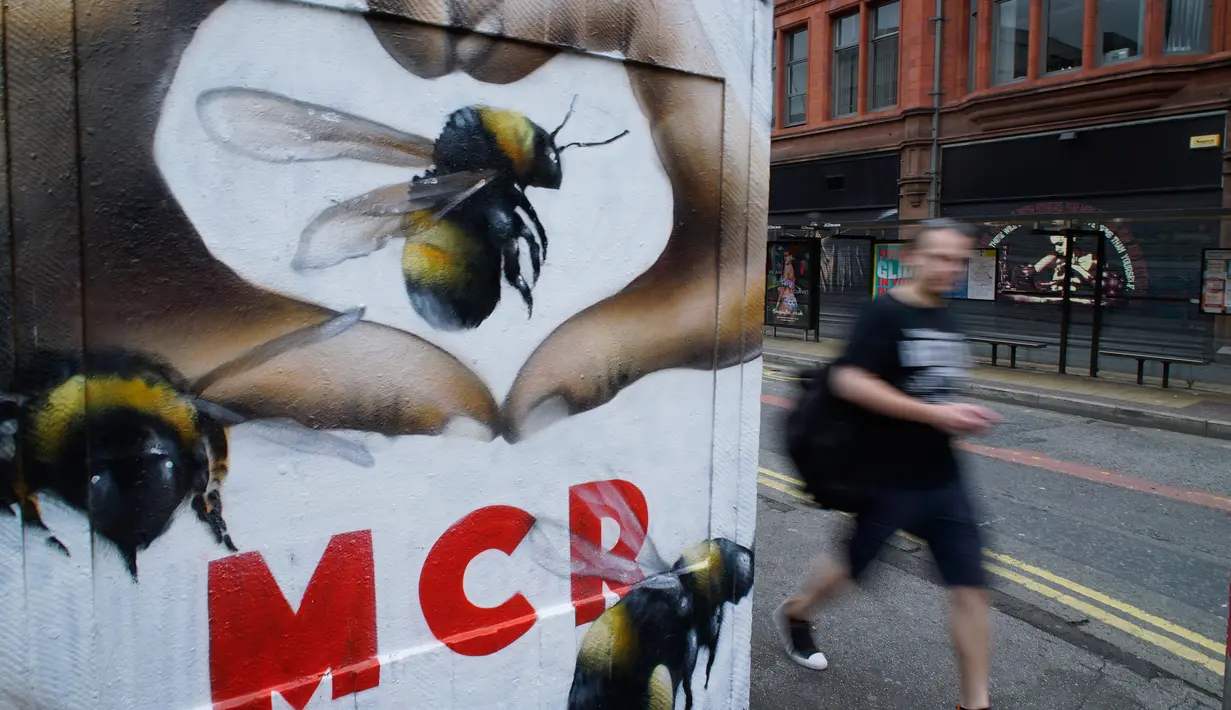 Seorang pria berjalan melewati grafiti di dinding yang menggambarkan lebah di Manchester (28/5). Sebelumnya, serangan bom yang terjadi saat konser Ariana Grande menyebabkan 22 orang tewas dan melukai 119 lainnya. (AP Photo/Mstyslav Chernov)