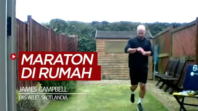 Berita video mantan atlet lempar cakram Skotlandia, James Campbell, melakukan lari maraton di halaman rumahnya untuk membantu badan kesehatan di Britania Raya dalam menghadapi virus corona COVID-19.