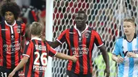 Selebrasi Mario Balotelli setelah menciptakan gol untuk Nice ke gawang Marseille, Minggu (12/9/2016). (AFP)