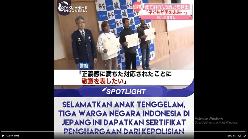 Tiga WNI dikabarkan menerima penghargaan dari kepolisian Jepang karena menyelamatkan anak tenggelam. (Screen Grab Twitter @Otaku Anime Indonesia)