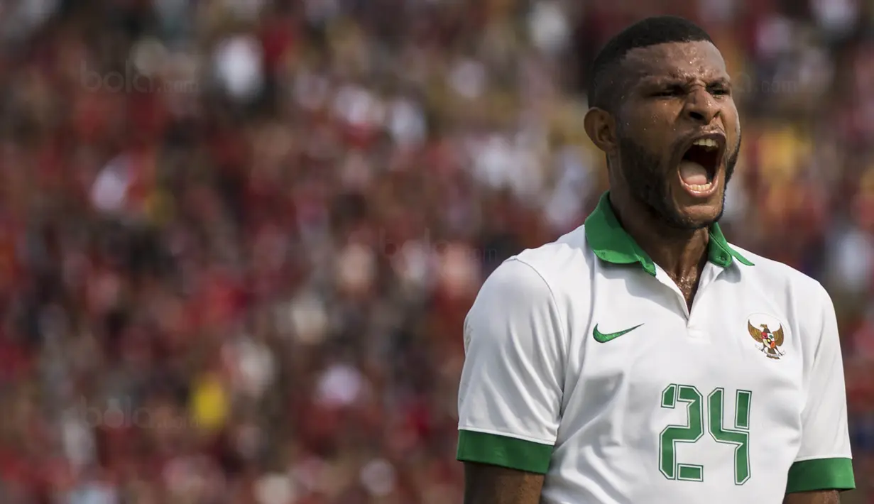 Striker Timnas Indonesia, Marinus Wanewar, merayakan gol yang dicetaknya ke gawang Timor Leste pada laga SEA Games di Stadion MPS, Selangor, Minggu (20/8/2017). Indonesia menang 1-0 atas Timor Leste. (Bola.com/Vitalis Yogi Trisna)