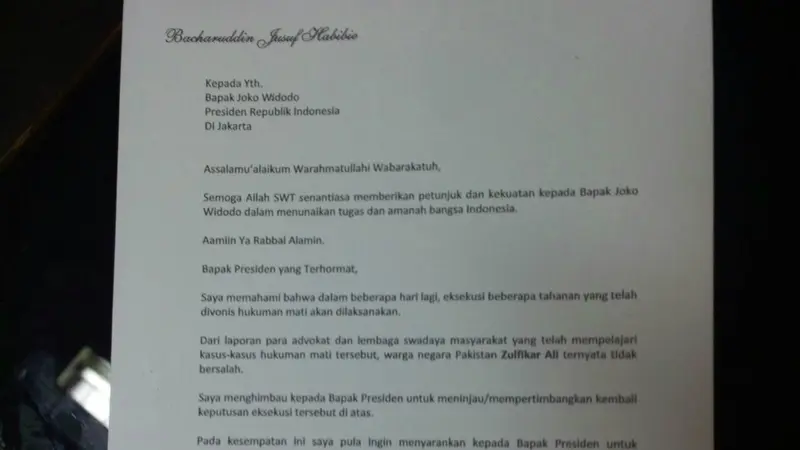 Surat Habibie ke Jokowi soal eksekusi mati