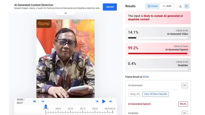 Video klaim Mahfud Md mengumumkan bantuan sosial untuk membuka usaha menunjukkan hasil AI. (Foto: tangkapan layar Hive Moderation)
