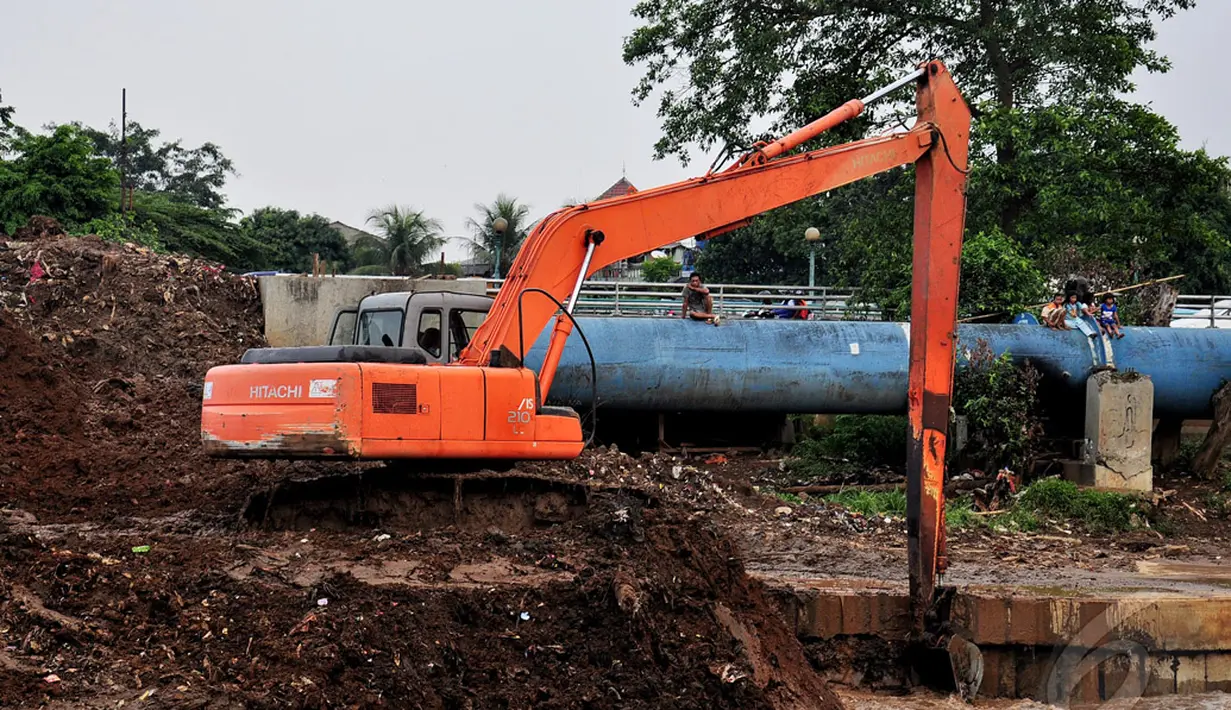 Pengerukan ini dilakukan untuk memperdalam Sungai Ciliwung agar disaat hujan lebat air tidak meluap menyebabkan banjir, Jakarta, Senin (16/6/2014) (Liputan6.com/Faizal Fanani)