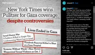 Tangkapan layar soal isu New York Times yang memenangkan Pulitzer dengan memanfaatkan liputan soal konflik Palestina-Israel dan dipakai sebagai propaganda anti-Palestina. (dok. Instagram @trtworld/https://www.instagram.com/p/C6qU5eLt6md/?utm_source=ig_web_copy_link/Rusmia Nely)