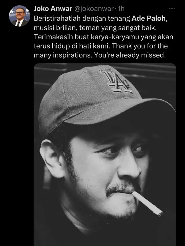 Ucapan Joko Anwar berbelasungkawa atas kepergian Ade Paloh. (Dok. Foto X @jokoanwar)