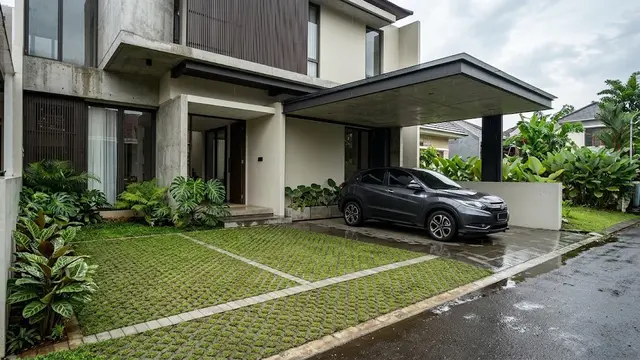Desain Garasi dengan Kombinasi Grass Block dan Garis Pembatas Minimalis