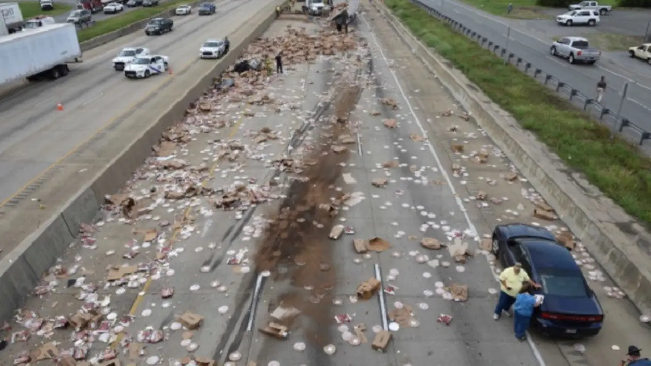 Jalan raya di Arkansas macet selama empat jam setelah truk 18 roda mengalami kecelakaan dan membuat banyak pizza beku berserakan (AP)