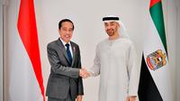 Presiden Jokowi bertemu dengan Presiden Uni Emirat Arab (UEA) Sheikh Mohamed bin Zayed bin Sultan Al Nahyan atau MBZ di Istana Al Shatie, Abu Dhabi, Jumat (1/7/2022). (Foto: Sekretariat Presiden)