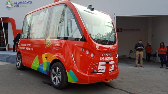 bus otonomos atau nirsopir Navya dipakai di perhelatan Asian Games 2018 (Arief A/Liputan6.com)