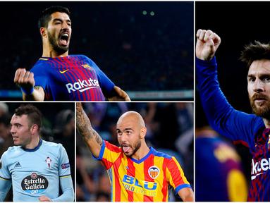 Berikut ini top scorer sementara La Liga Spanyol musim 2017/2018 hingga pekan ke-21, Lionel Messi dan Luis Suarez melesat. (Kolase foto-foto AP dari AFP)
