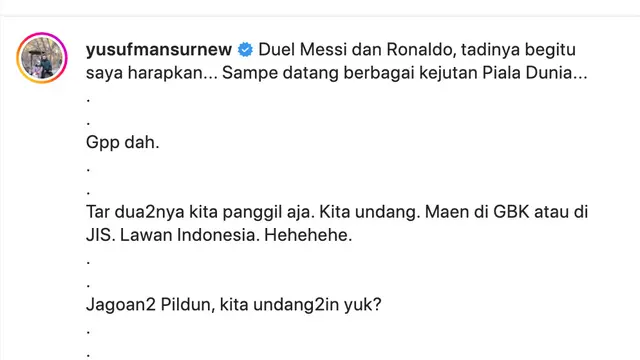 Unggahan Yusuf Mansur soal kemenangan Argentina atas Kroasia di Piala Dunia 2022. (Foto: Dok. Instagram @yusufmansurnew)