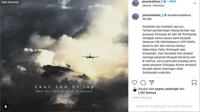 Kerabat Jane Shalimar Juga Jadi Penumpang di Pesawat Sriwijaya Air SJ 182
