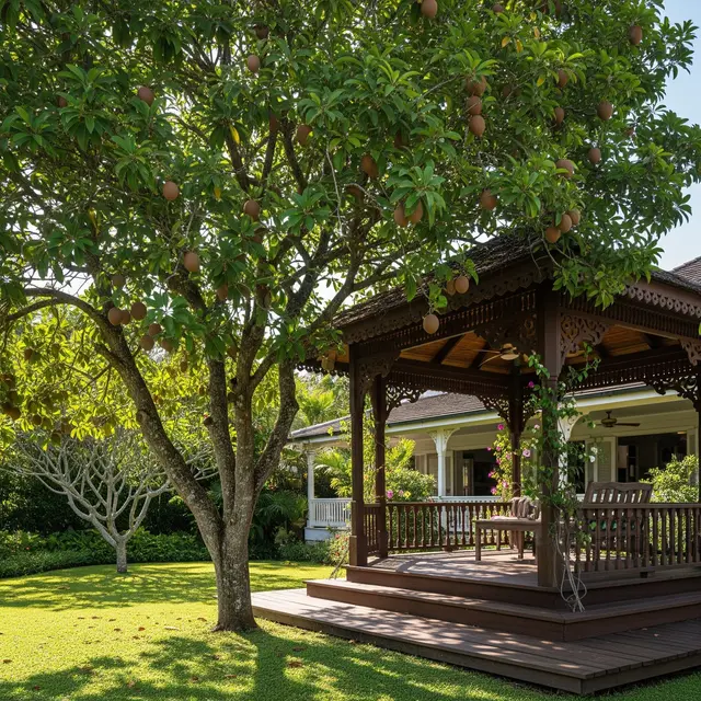 Pohon Buah Berakar Aman Dekat Gazebo (AI)
