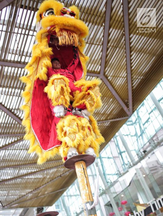 Atraksi barongsai tampil menghibur pengunjung di Mal Ciputra, Jakarta, Jumat (25/1). Menyambut Tahun Baru Imlek 2570 berbagai kesenian tradisional disajikan seperti Wayang Potehi, festival kuliner dan atraksi karakter 7 babi. (Liputan6.com/Faizal Fanani)