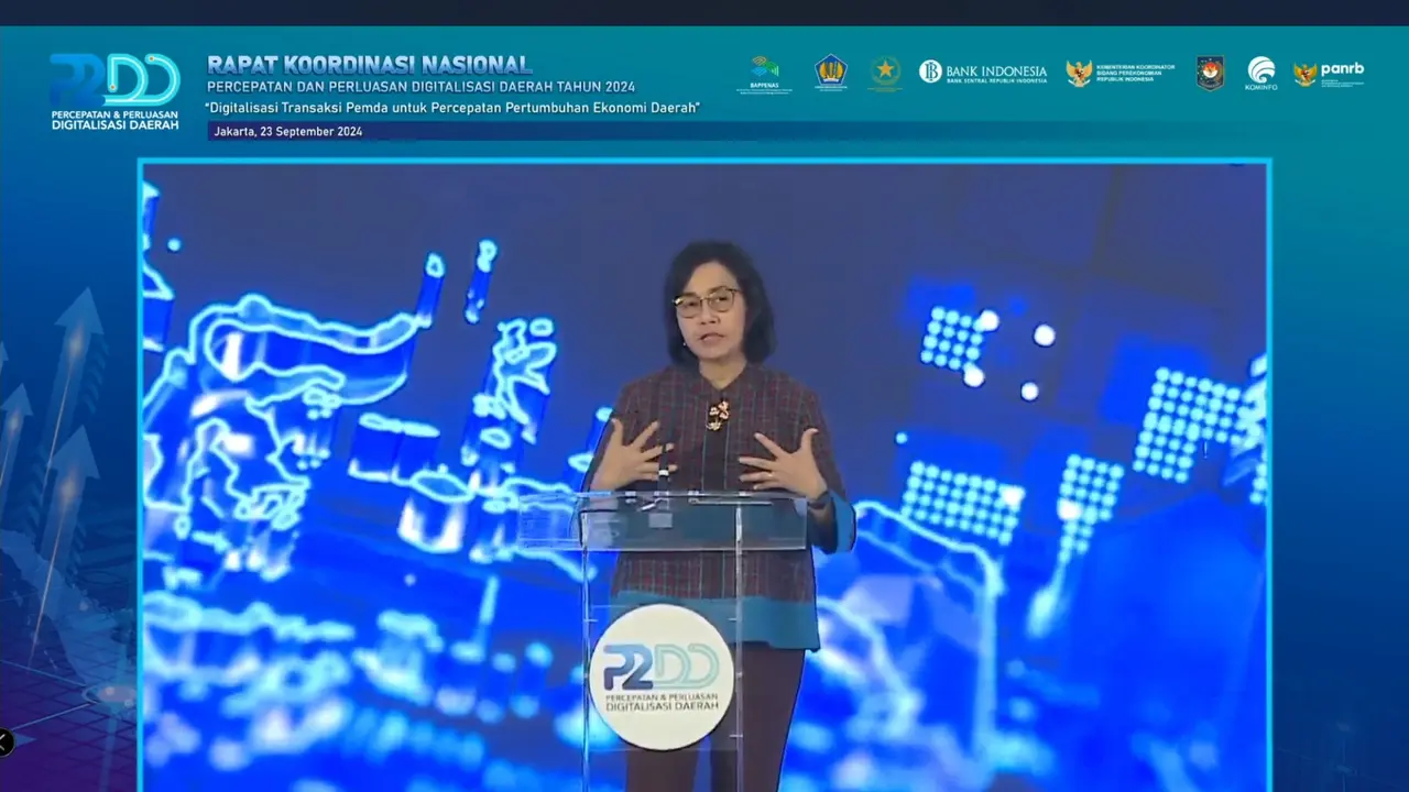 Menteri Keuangan (Menkeu) Sri Mulyani Indrawati dalam di Rapat Koordinasi Nasional Percepatan dan Perluasan Digitalisasi Daerah tahun 2024, di Jakarta (23/9/2024).