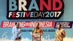 Menristekdikti Muhammad Nasir memberikan sambutan dalam acara The 2nd WOW Brand Festive Day 2017 di Jakarta, Kamis (9/3). Event ini diadakan dalam rangka memberikan pemaparan mengenai fenomena branding terbaru di Indonesia. (Liputan6.com/ Johan Tallo)