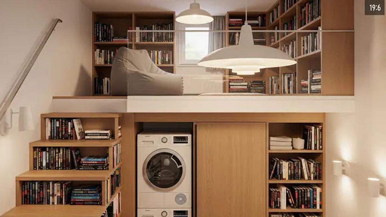 8 Inspirasi Rumah Kecil Mezzanine dengan Area Laundry Tersembunyi di Bawah Tangga
