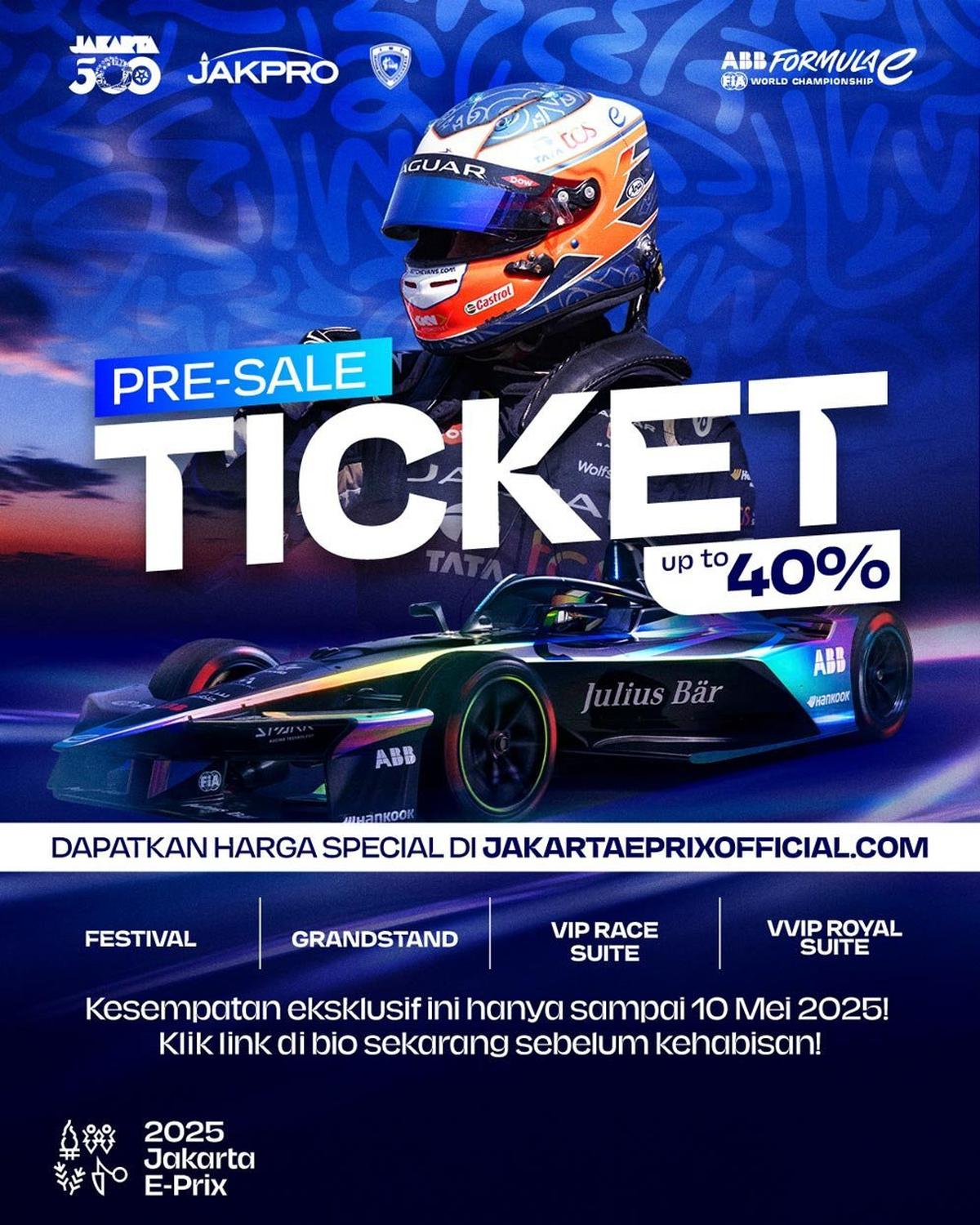 Tiket ABB FIA Formula E Championship 2025 untuk Jakarta E-Prix 2025 telah dijual mulai 28 April 2025. (c) JakPro