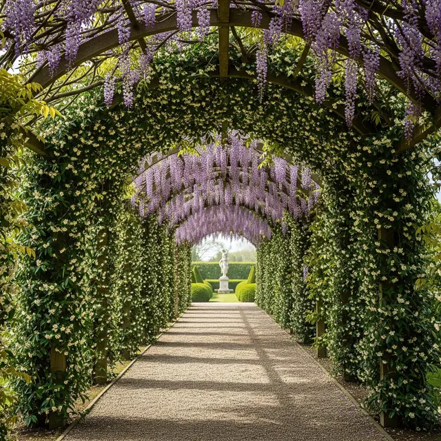 Desain Kebun Rumah dengan Lorong Tanaman Rambat ala Taman Eropa (AI)