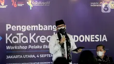 Menteri Parekraf / Kepala Badan Pariwisata dan Ekonomi Kreatif Sandiaga Uno memberi sambutan dalam acara workshop KaTa Kreatif di Taman Wisata Alam Magrove, PIK, Jakarta Utara, Sabtu (04/09/2021). Workshop dilaksanakan di 36 kabupaten dan kota di Indonesia. (Liputan6.com/Fery Pradolo)