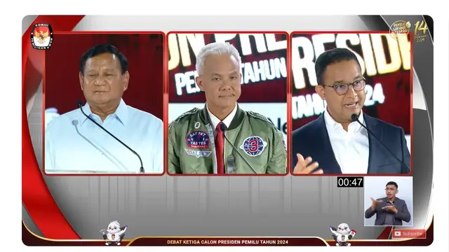 Calon presiden nomor urut 3 Ganjar Pranowo, capres nomor 1 Anies Baswedan, dan capres nomor urut 2 Prabowo Subianto saat debat capres ketiga yang digelar KPU pada Minggu (7/1/2024) di Istora, Senayan, Jakarta.