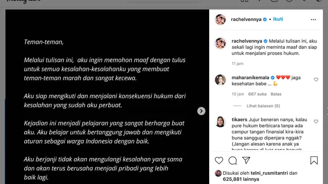 Unggahan Rachel Vennya. (Foto: Instagram @rachelvennya)