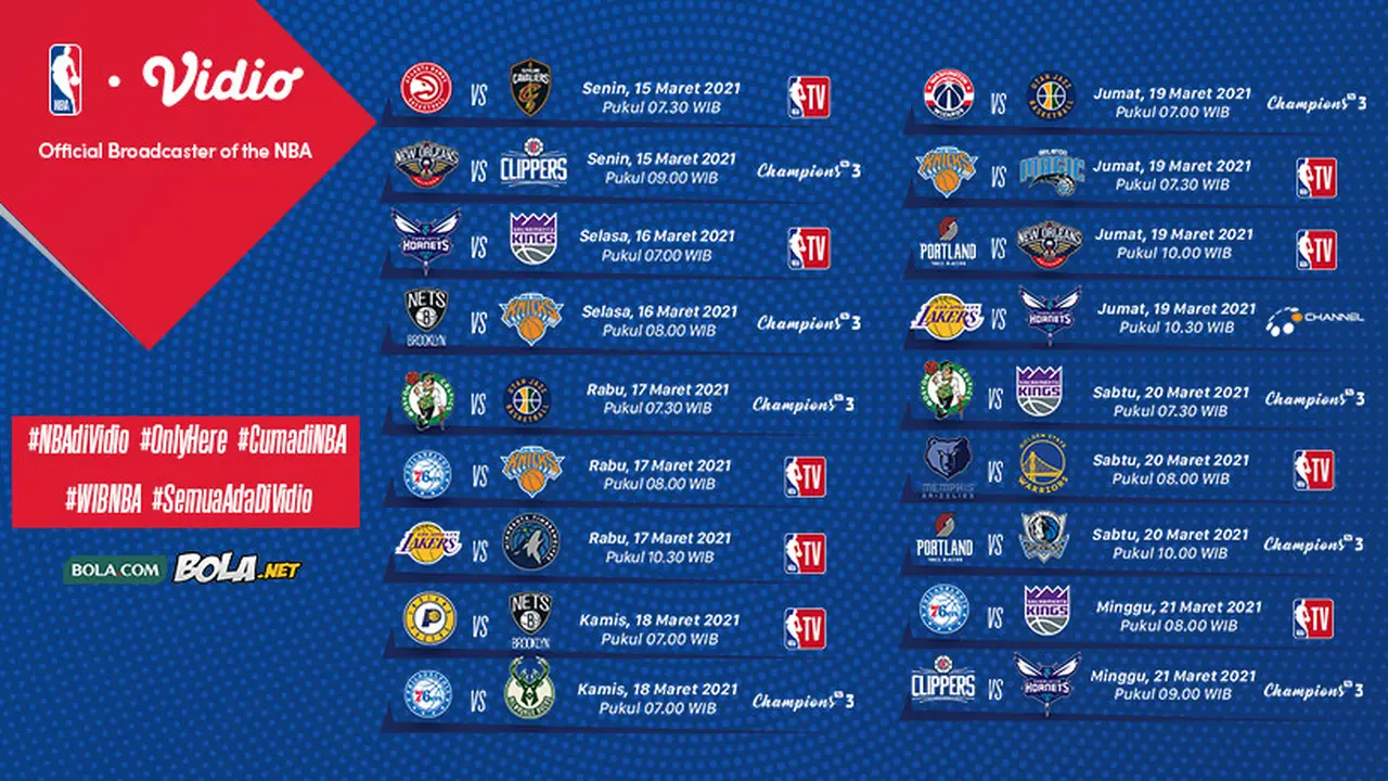Jadwal NBA 2020/2021 pekan ke-13 di Vidio