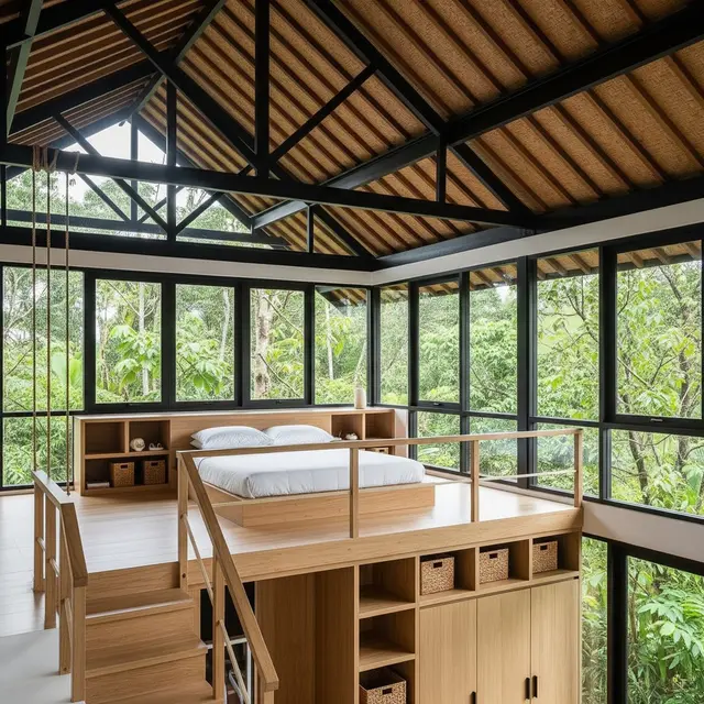 Model Rumah Mezzanine Atap Tinggi dengan Plafon Ekspos