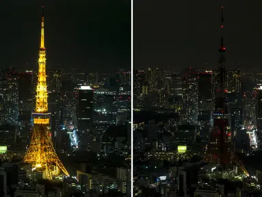Kombinasi foto yang menunjukkan Menara Tokyo sebelum dan setelah lampu dimatikan untuk memperingati Earth Hour di Tokyo, Jepang (19/3/2016). (Reuters/Thomas Peter)