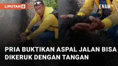 Seorang pria menunjukkan aspal jalan yang bisa dikeruk dengan tangan
