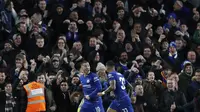 Eden Hazard merayakan gol semata wayang yang dicetak ke gawang Bournemouth.  (AP Photo/Alastair Grant)