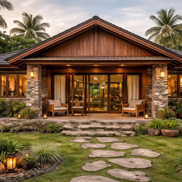 Model Rumah Desa dengan Kombinasi Material Kayu dan Batu Alam (ChatGPT)
