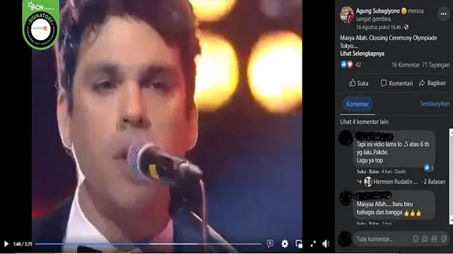 Gambar Tangkapan Layar Video yang Diklaim Lagu Kebyar-Kebyar berkumandang Saat Penutupan Olimpiade Tokyo (sumber: Facebook).