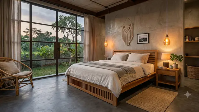 Desain Rumah Lantai Semen Ekspos Halus yang Terlihat Elegan, Bersih dan Bikin Nyaman Model Kamar Estetik Industrial dengan Lantai Semen Ekspos Mate