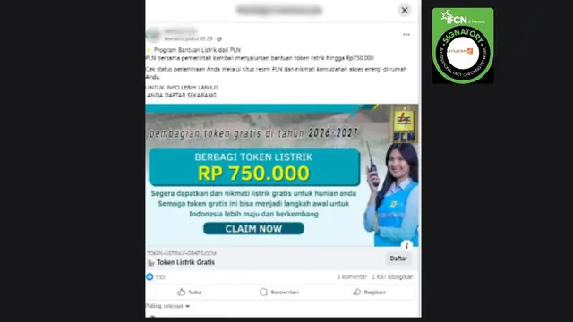 Tangkapan layar klaim link pendaftaran untuk mendapatkan bantuan token listrik Rp 750.000 dari PLN yang beredar di Facebook. Cek faktanya