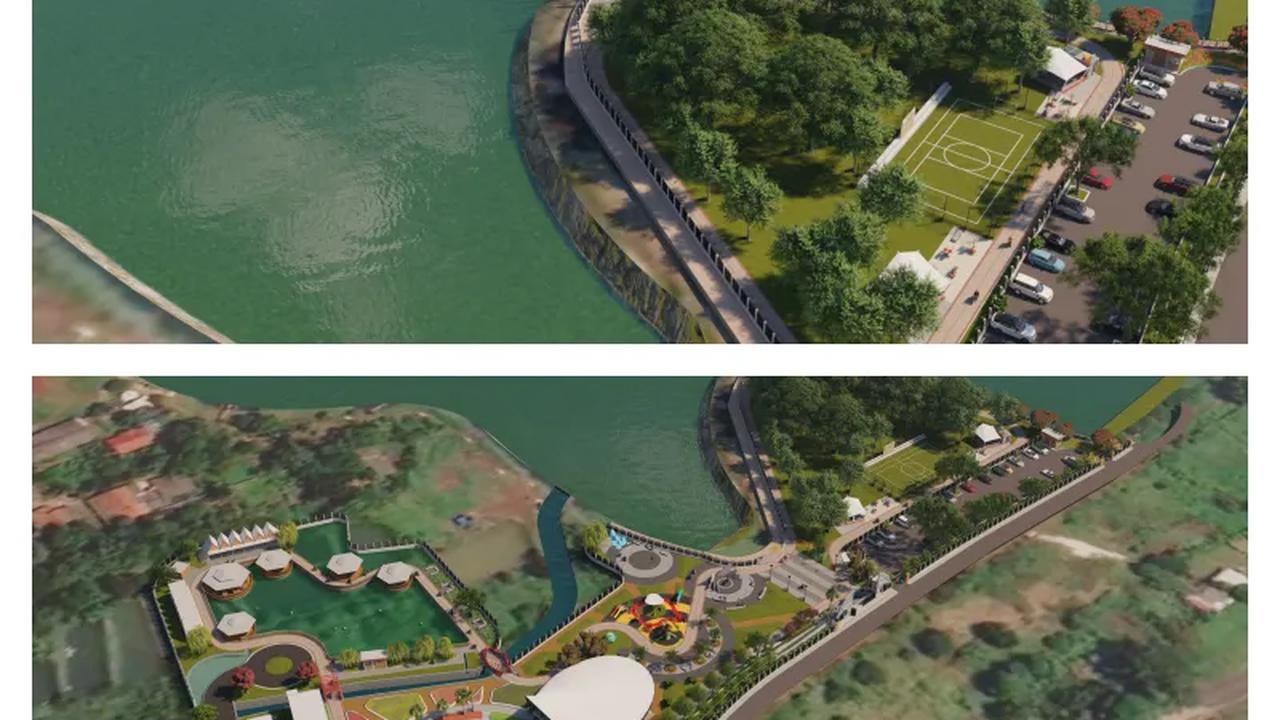 Terlihat dalam tampilan foto kedua, ada jembatan gantung yang melintas di atas Setu Tujuh Muara. Anggaran untuk membangun jembatan ditaksir Rp 12-14 miliar.