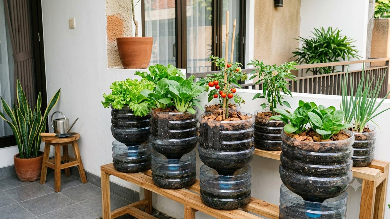 inspirasi kebun sayur mini dari galon bekas untuk teras rumah