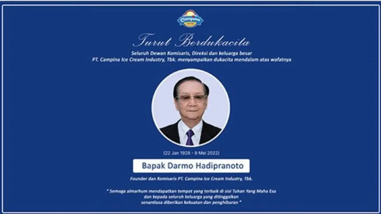 Pendiri dan Komisaris PT Campina Ice Cream Industry Tbk Darmo Hadipranoto tutup usia pada 9 Mei 2022 (Dok: PT Campina Ice Cream Industry Tbk)