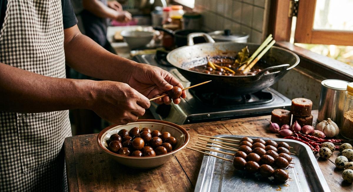 Ilustrasi resep sate telur puyuh angkringan