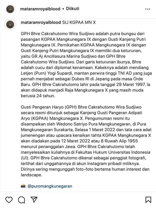 Unggahan seputar GPH Bhre Cakrahutomo. (Foto: Dok. Instagram @mataramroyalblood)